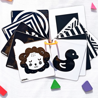 Cartes bébé noir et blanc Tunisie illustrées avec animaux et formes géométriques pour l'éveil sensoriel