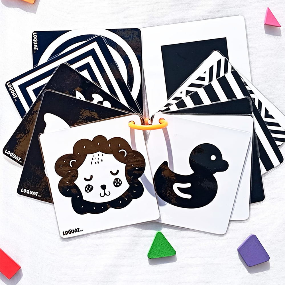 Cartes bébé noir et blanc Tunisie illustrées avec animaux et formes géométriques pour l'éveil sensoriel